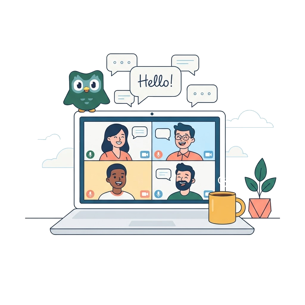 Ilustración del club de conversación: videollamada grupal con la mascota de Fluenta