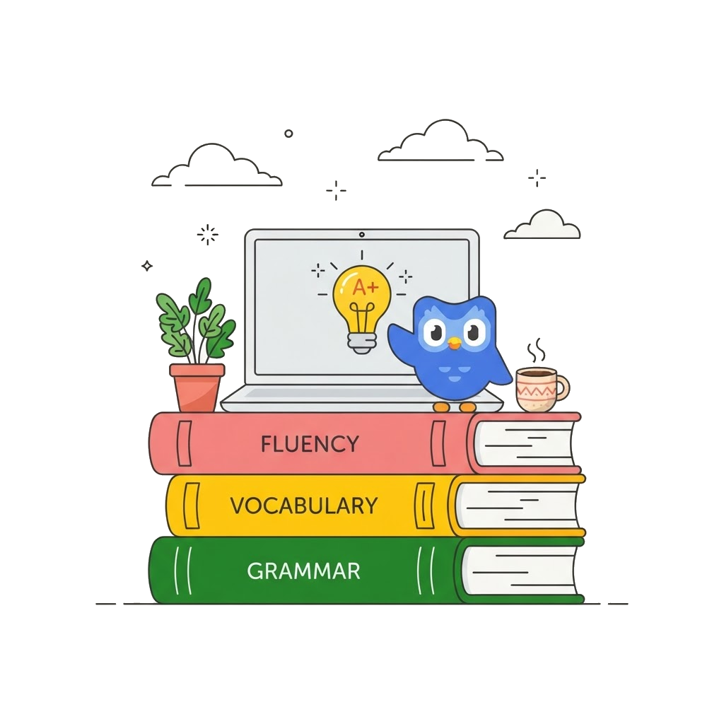 Laptop sobre libros con la mascota de Fluenta, ilustración de aprendizaje en línea